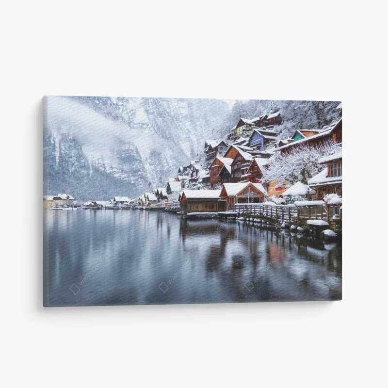 Canvas print snowy Hallstatt village on the lake