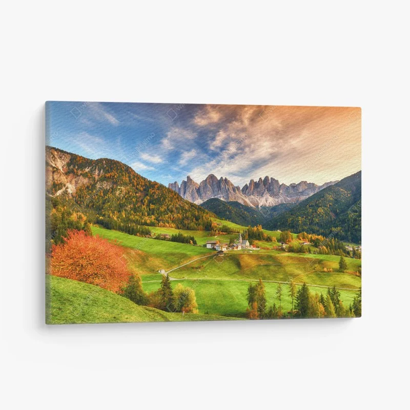 Canvas print autumn sunset over Santa Maddalena, Dolomites