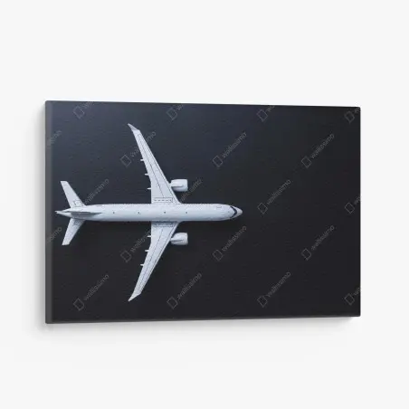 Canvas print white airplane top view on black background • Wallissimo®