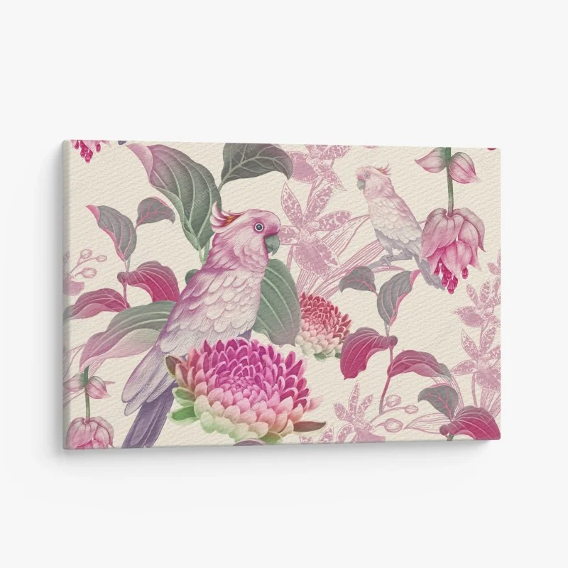 Canvas print pink parrot and chrysanthemum botanical print