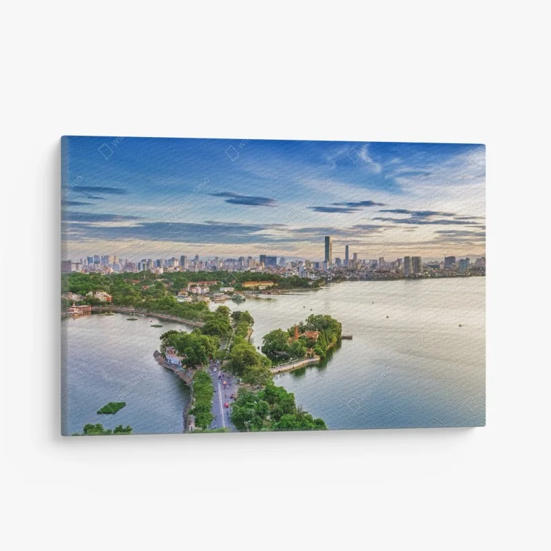 Canvas print tranquil lakeside cityscape at dusk