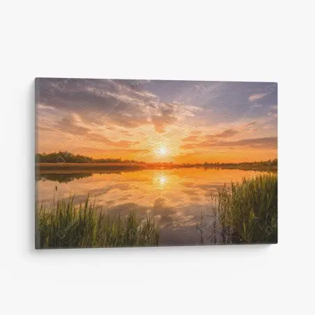 Canvas print golden sunset over tranquil lake • Wallissimo®