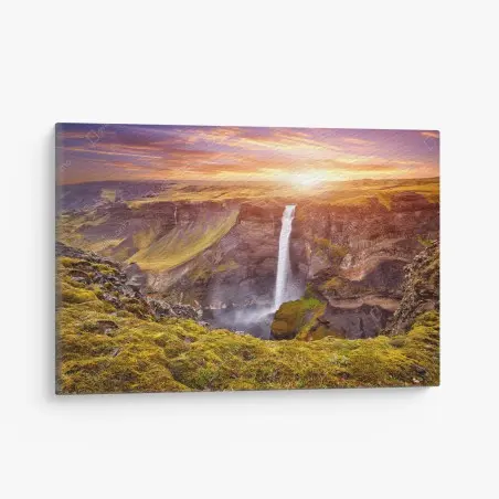 Canvas print Haifoss waterfall sunset panorama • Wallissimo®