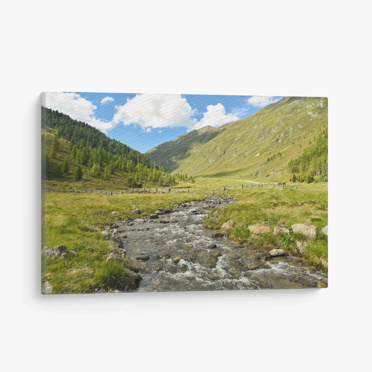 Canvas print alpine mountain stream in a sunlit valley • Wallissimo®