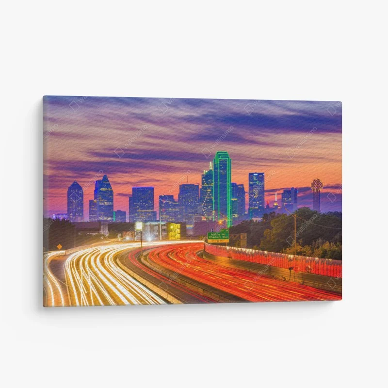 Canvas print Dallas skyline at sunset with highway light trails