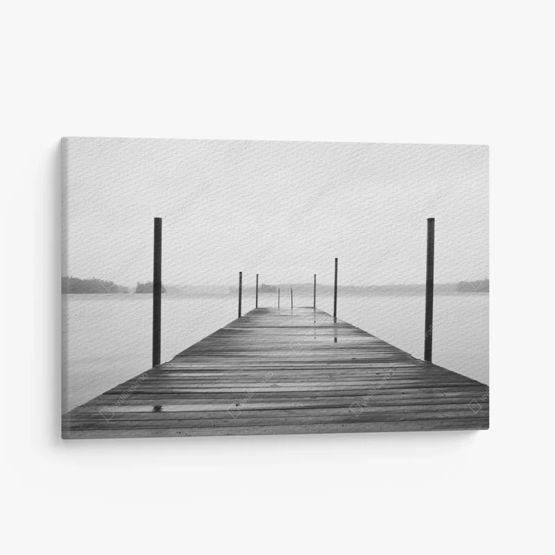 Canvas print misty lake pier in monochrome