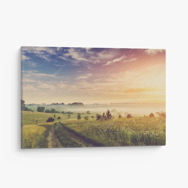 Canvas print misty sunrise over a rural meadow