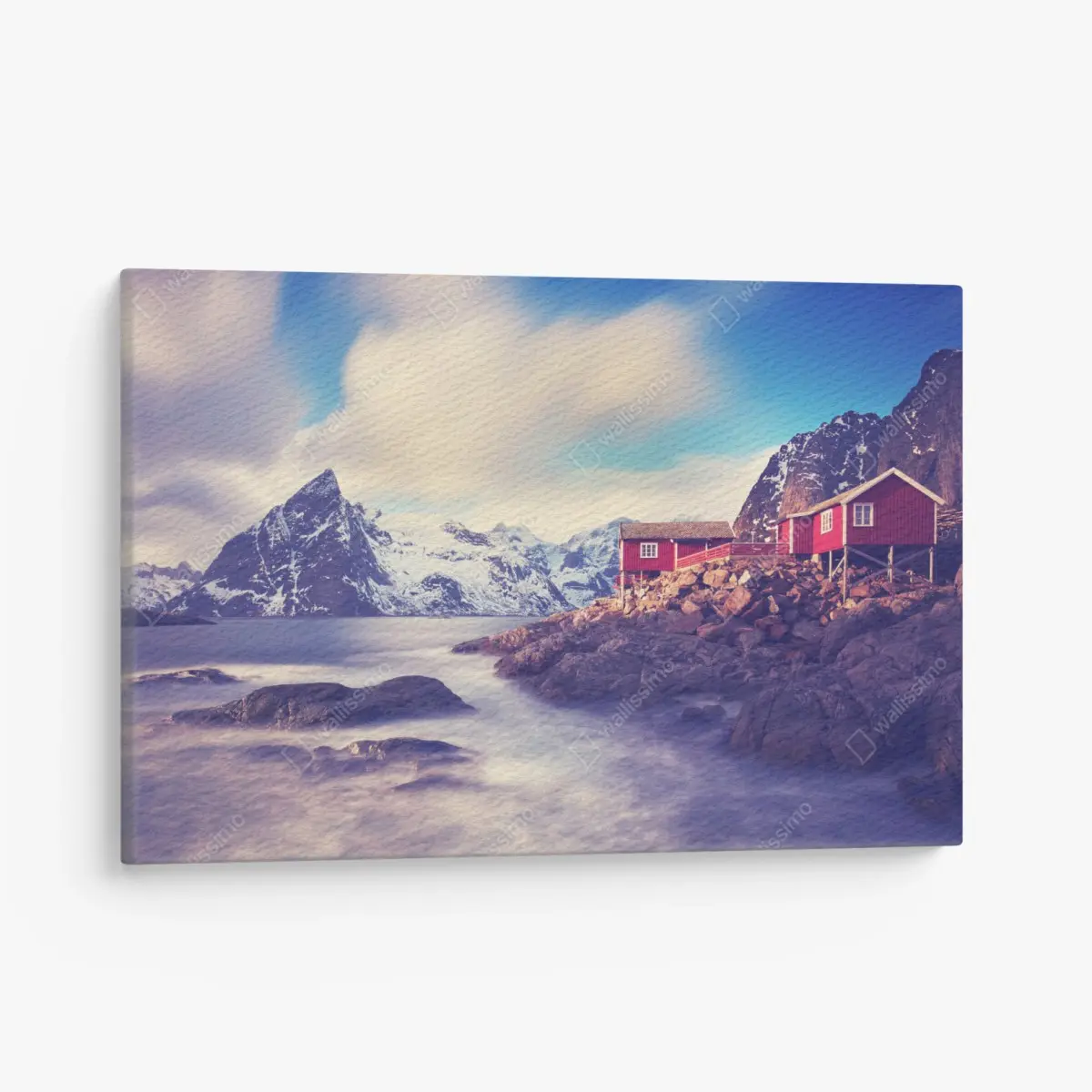 Canvas print coastal mountain retreat with red cabins ⁕ Wallissimo® Canvas print coastal mountain retreat with red cabins ⁕ Wallissimo®
