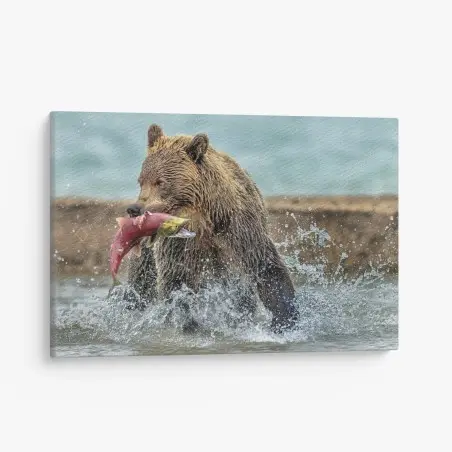 Canvas print brown bear catching salmon in river • Wallissimo®