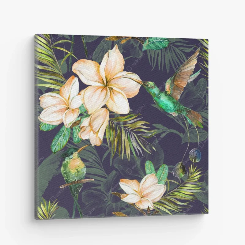 Canvas print tropical hummingbirds and plumeria watercolor pattern