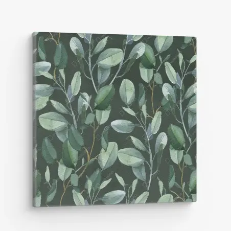 Canvas print eucalyptus leaves watercolor pattern on dark green • Wallissimo®