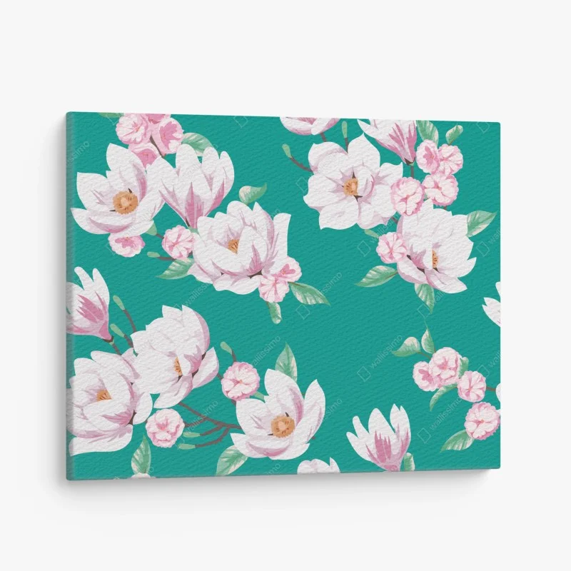 Canvas print pastel magnolia floral pattern on turquoise