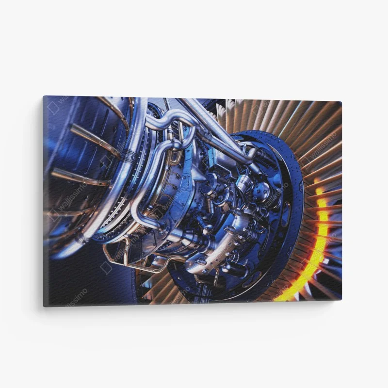 Canvas print jet engine turbine close-up in blue and orange