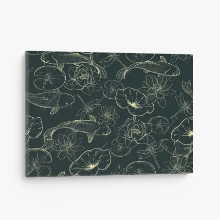 Canvas print hand-drawn koi and lotus pattern • Wallissimo®