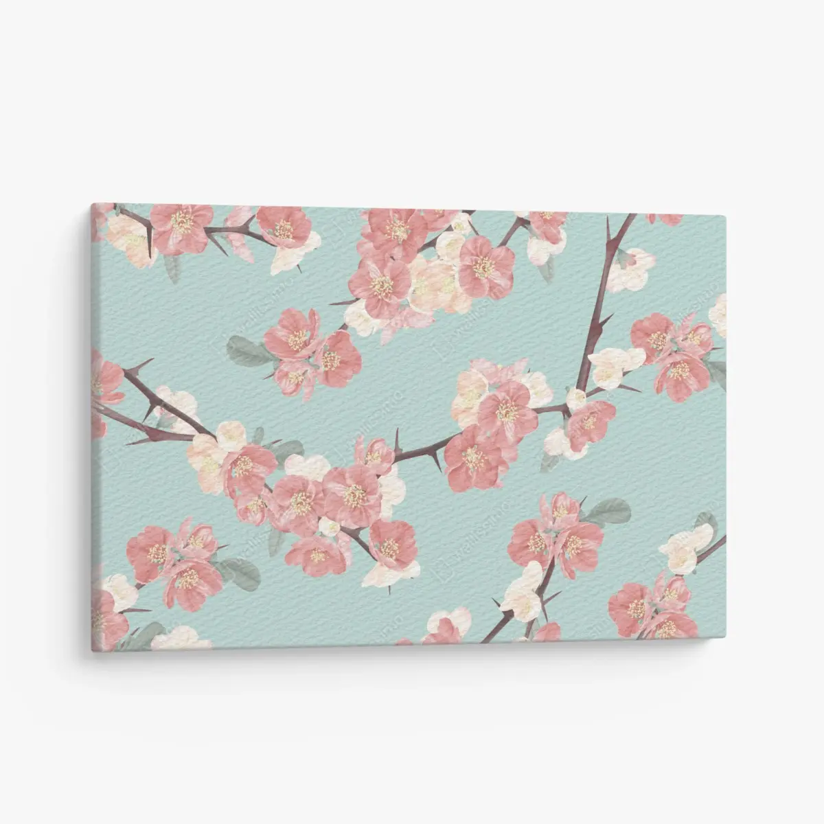 Canvas print pastel cherry blossom pattern on turquoise • Wallissimo®