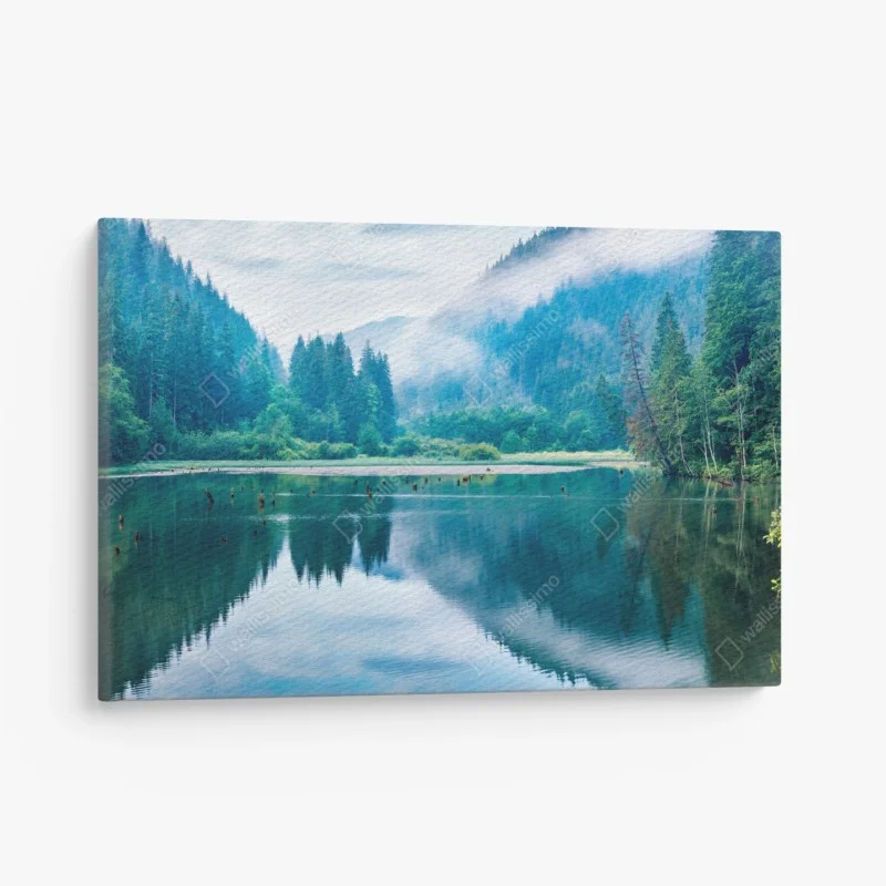 Canvas print misty morning at Lacu Rosu lake, Romania