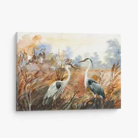 Canvas print two herons in autumn marsh • Wallissimo®