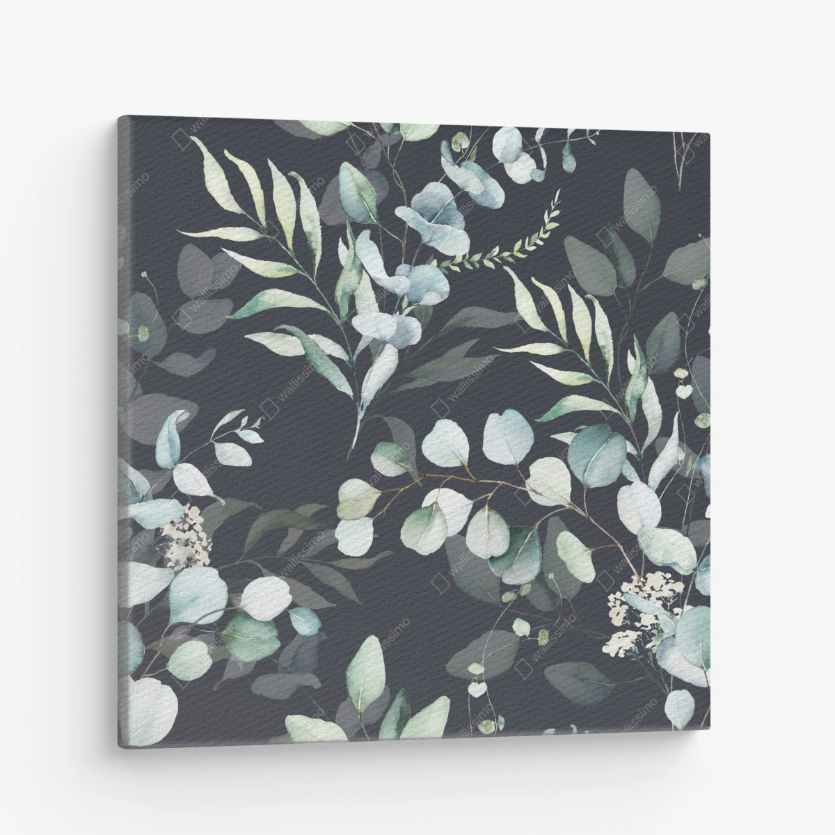 Canvas print eucalyptus watercolor botanical pattern on dark background • Wallissimo®