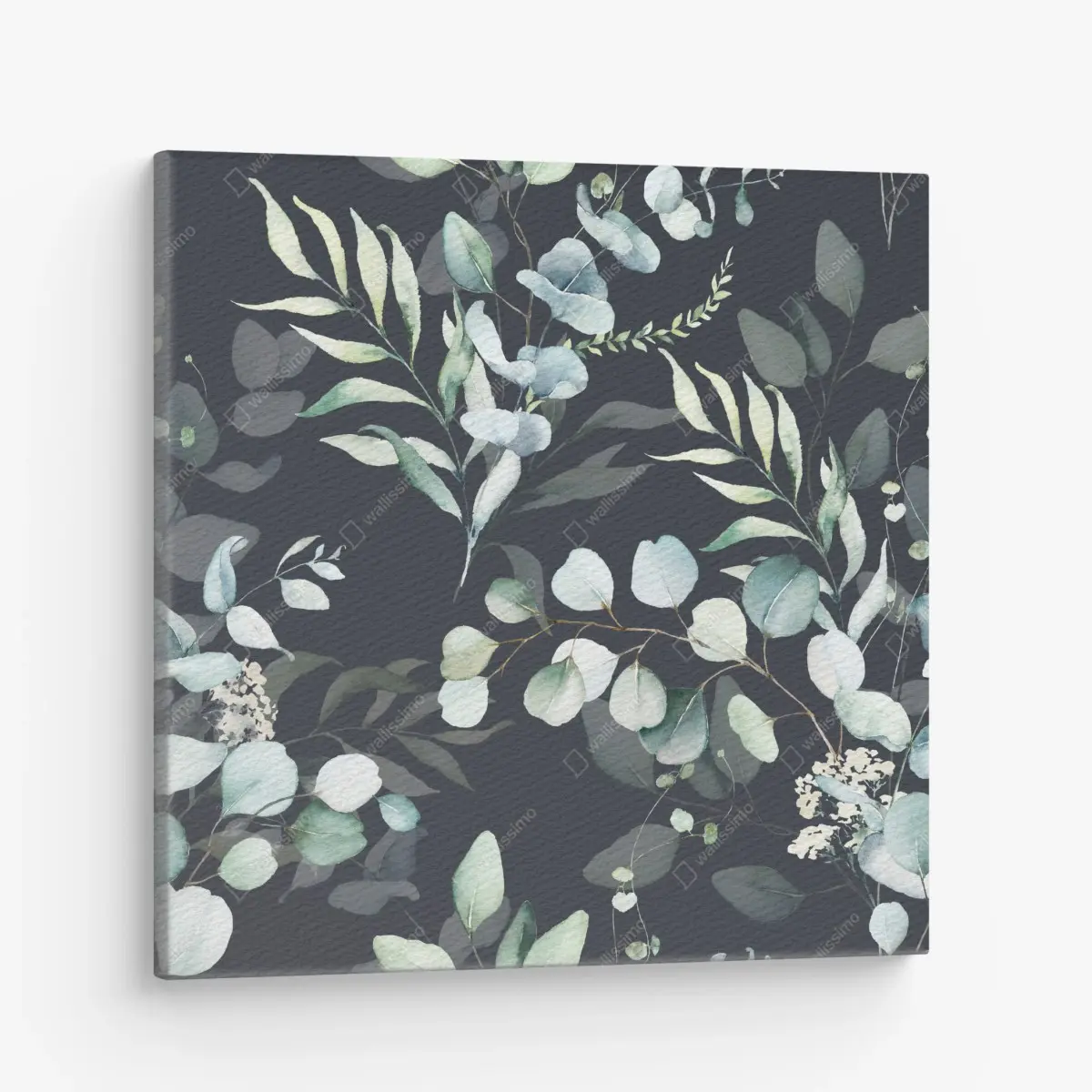 Canvas print eucalyptus watercolor botanical pattern on dark background • Wallissimo®