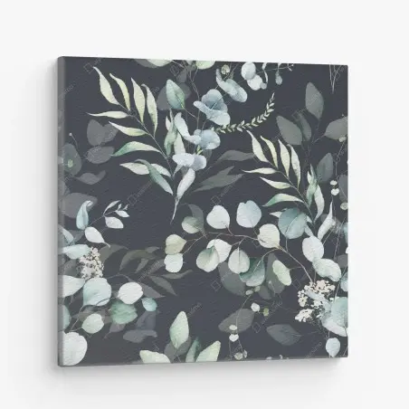 Canvas print eucalyptus watercolor botanical pattern on dark background • Wallissimo®