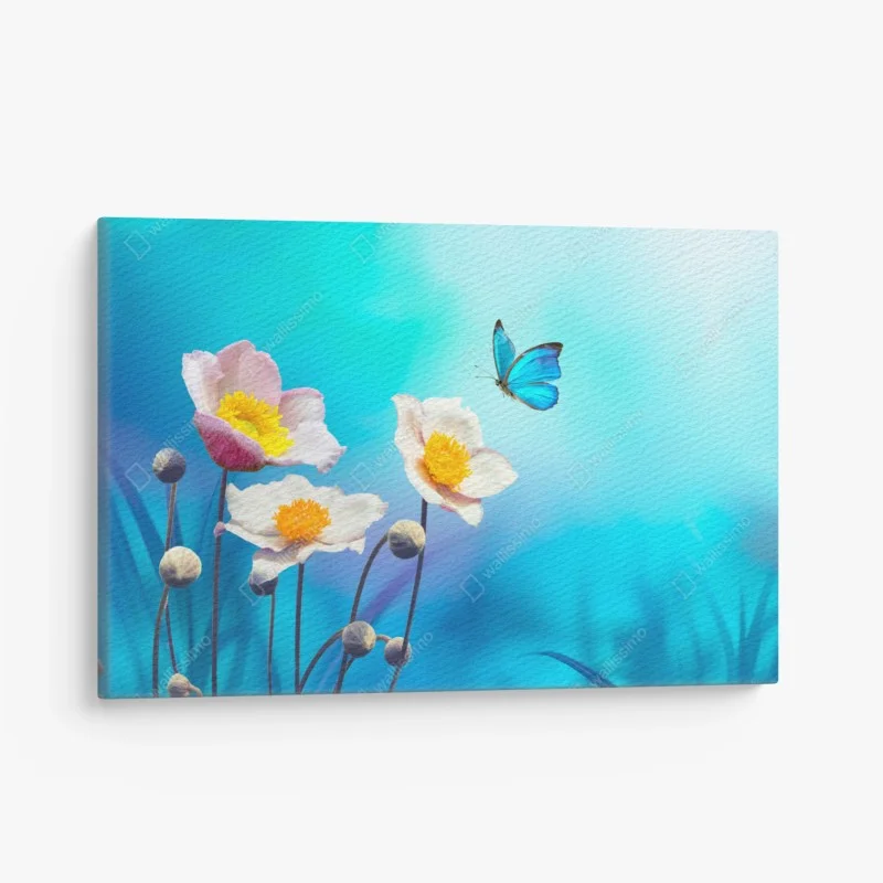 Canvas print delicate pink anemones and blue butterfly