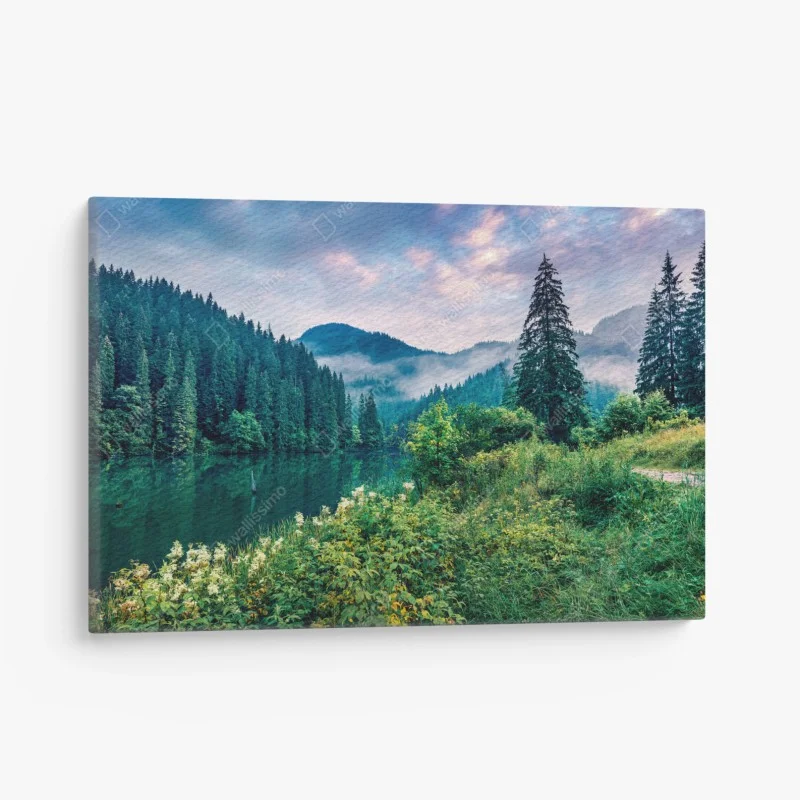 Canvas print misty sunrise over Lacu Rosu lake
