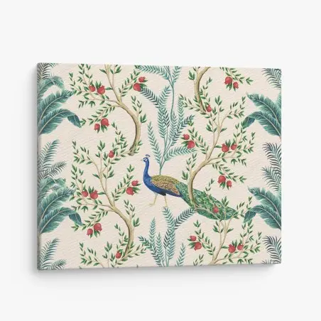 Canvas print peacock among pomegranate branches • Wallissimo®
