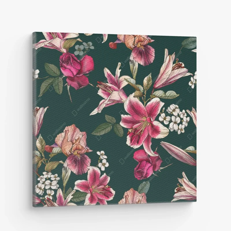 Canvas print vintage botanical floral pattern on deep green