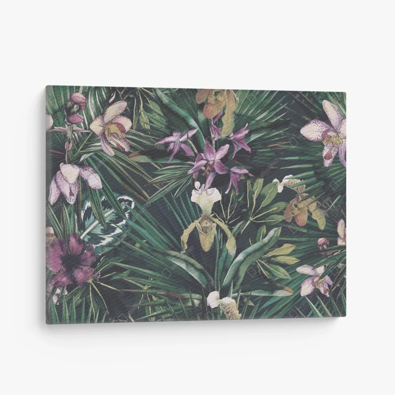 Canvas print tropical watercolor orchids and palm leaves