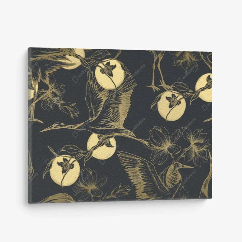 Canvas print golden cranes and moon pattern