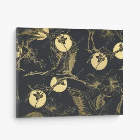 Canvas print golden cranes and moon pattern • Wallissimo®