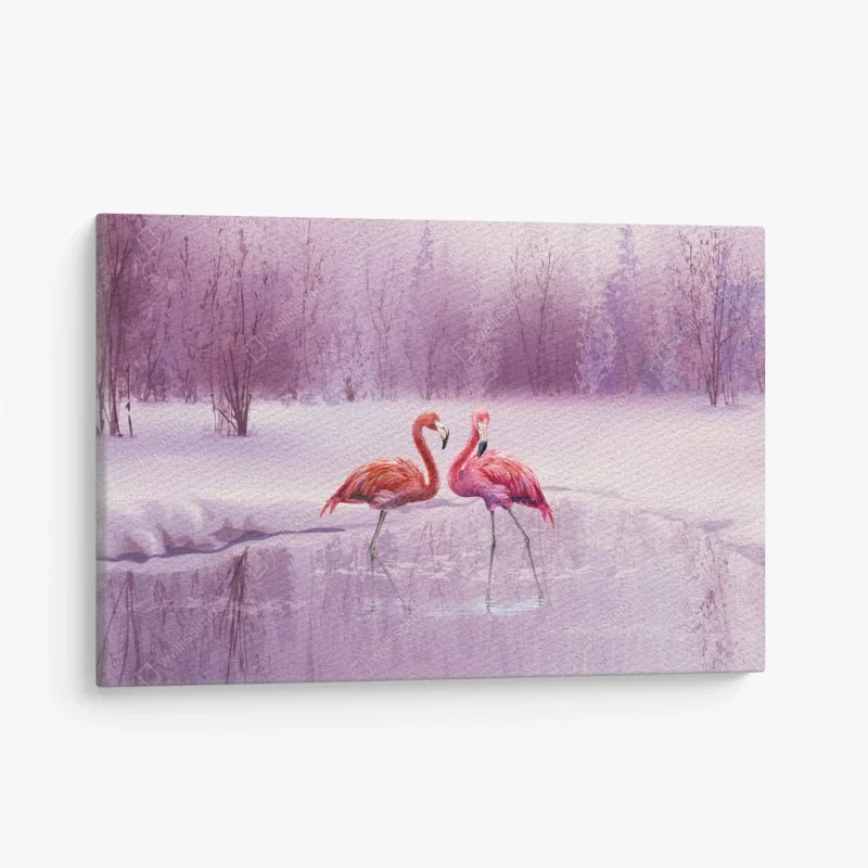 Canvas print pastel flamingo duet on a winter pond