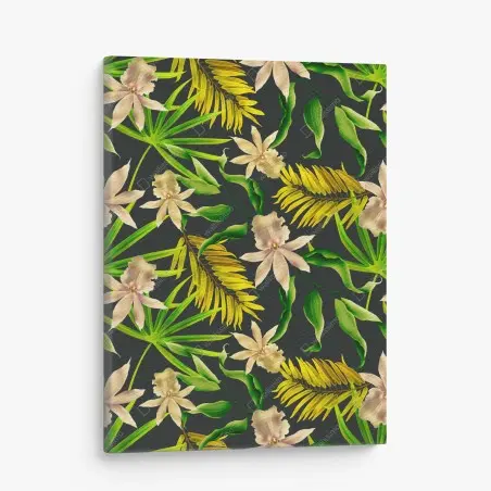 Canvas print tropical orchid floral pattern on dark background • Wallissimo®