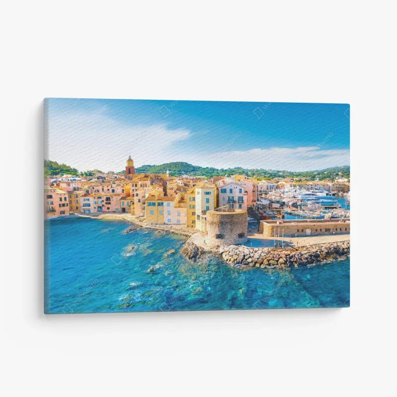 Canvas print sunlit Mediterranean harbor cityscape