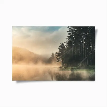 Poster misty sunrise over forest lake • Wallissimo®