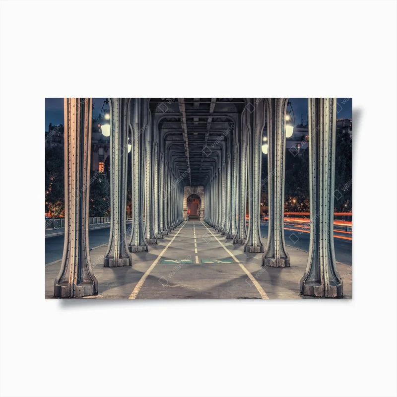 Poster symmetrical iron bridge corridor at night