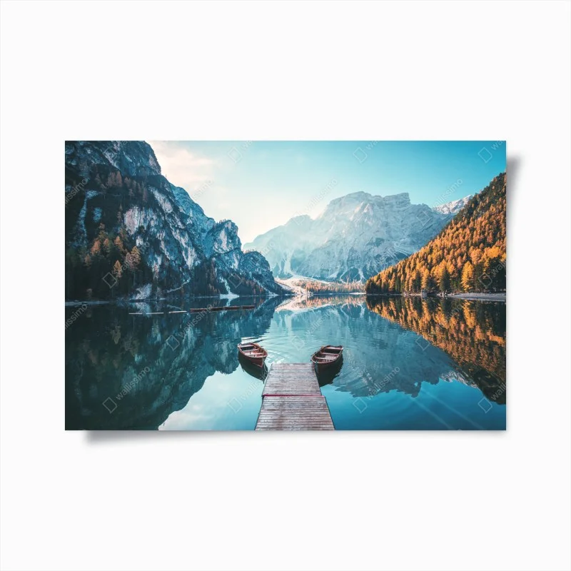Poster sunlit dock at Braies Lake, Dolomites