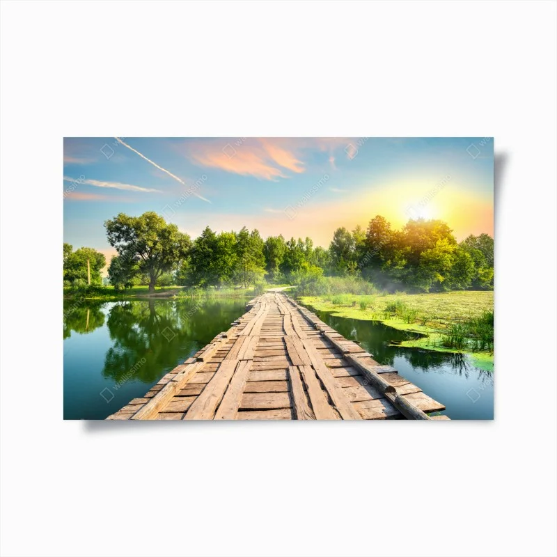 Poster sunlit wooden bridge over tranquil lake