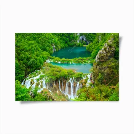 Poster lush waterfall and turquoise lakes panorama • Wallissimo®