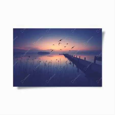Poster serene lakeside sunrise with birds • Wallissimo®