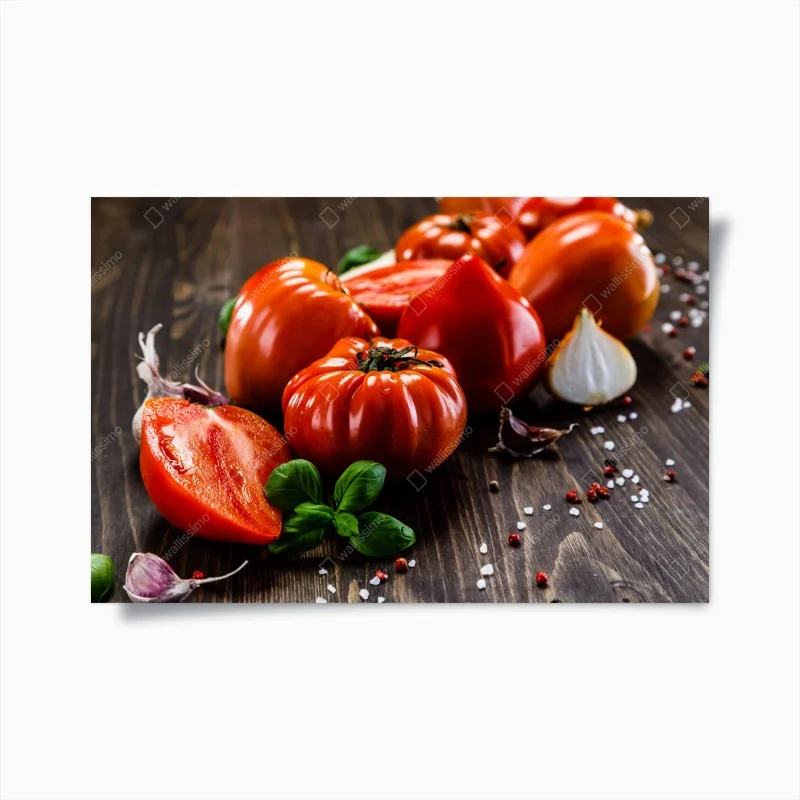 Poster ripe heirloom tomatoes on a rustic wooden table