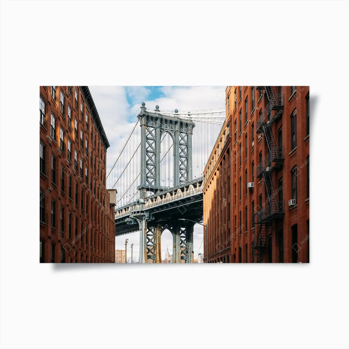 Poster Brooklyn bridge framed by brick buildings at sunset • Wallissimo® Poster Brooklyn bridge framed by brick buildings at sunset • Wallissimo®