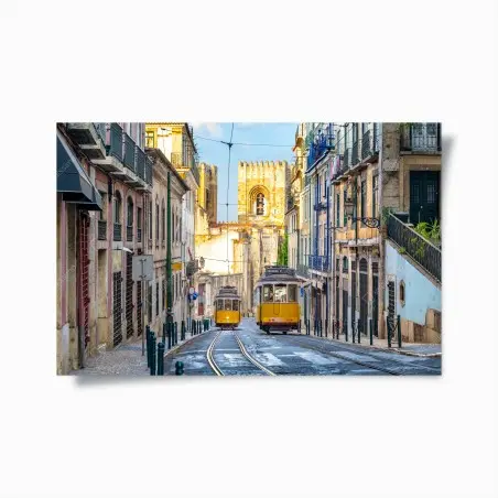 Poster sunlit trams on Lisbon's historic street • Wallissimo®