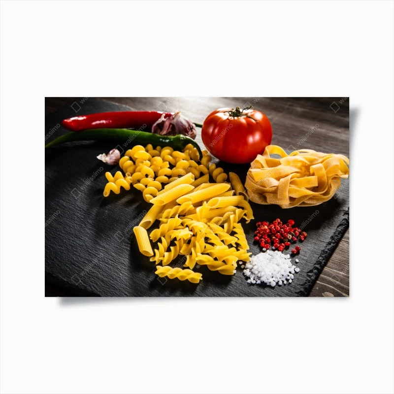 Poster assorted dry pasta and fresh ingredients