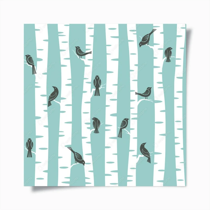 Poster turquoise birch forest with birds
