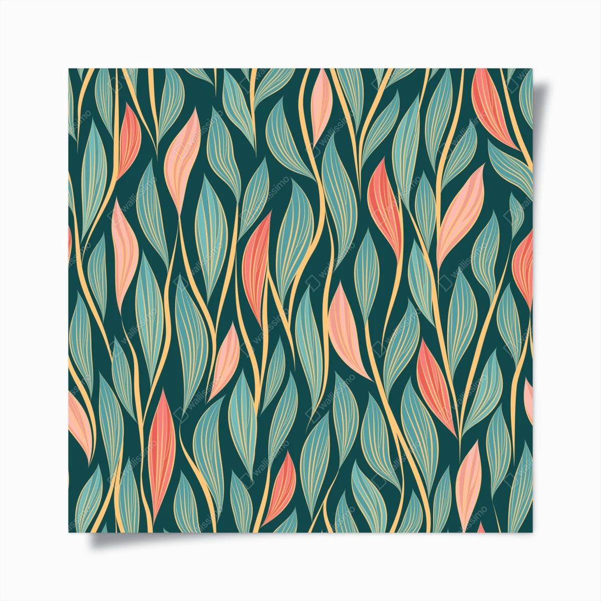 Poster botanical leaf pattern in teal and coral • Wallissimo® Poster botanical leaf pattern in teal and coral • Wallissimo®