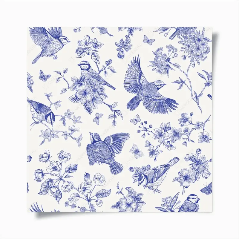 Poster blue vintage bird and blossom pattern