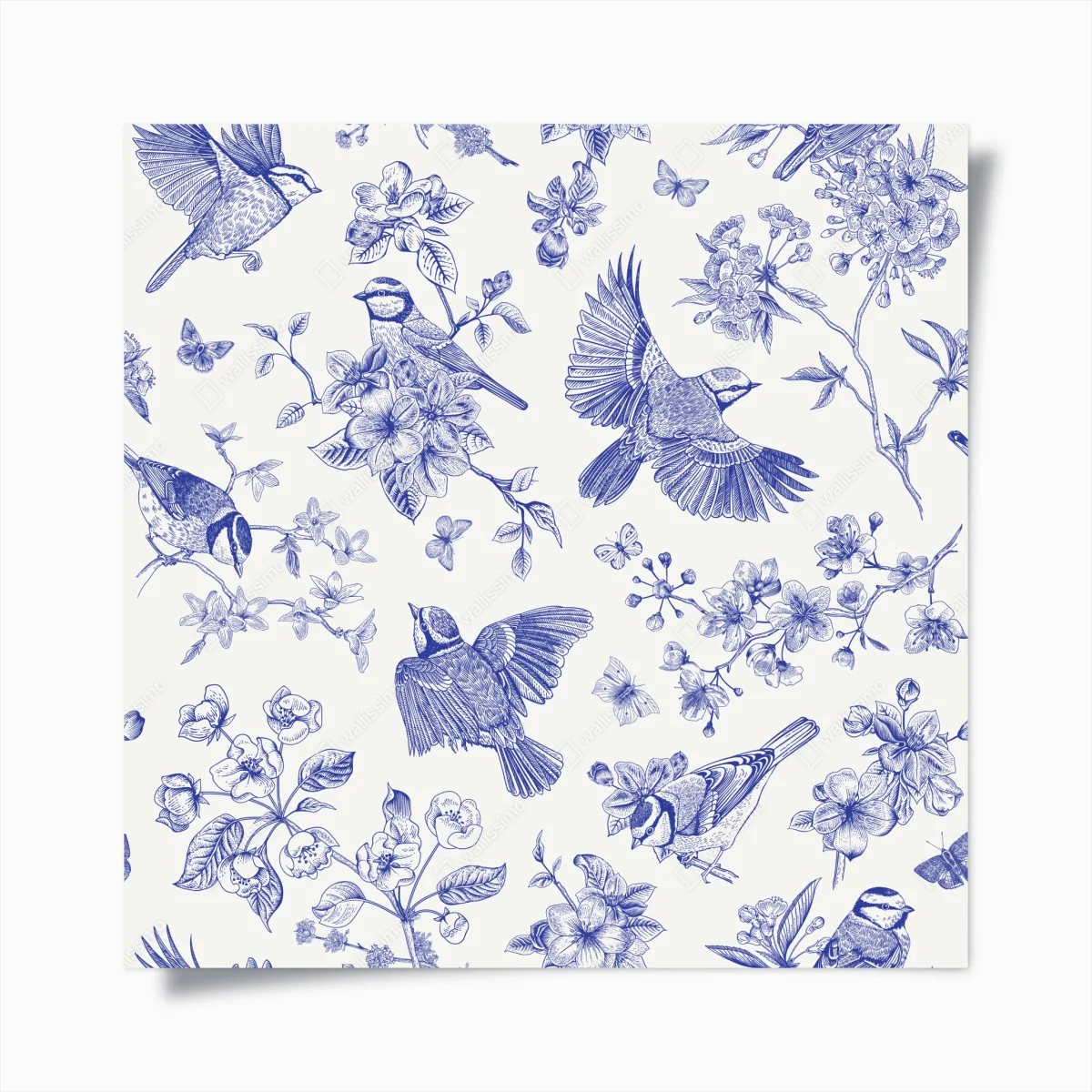 Poster blue vintage bird and blossom pattern • Wallissimo® Poster blue vintage bird and blossom pattern • Wallissimo®