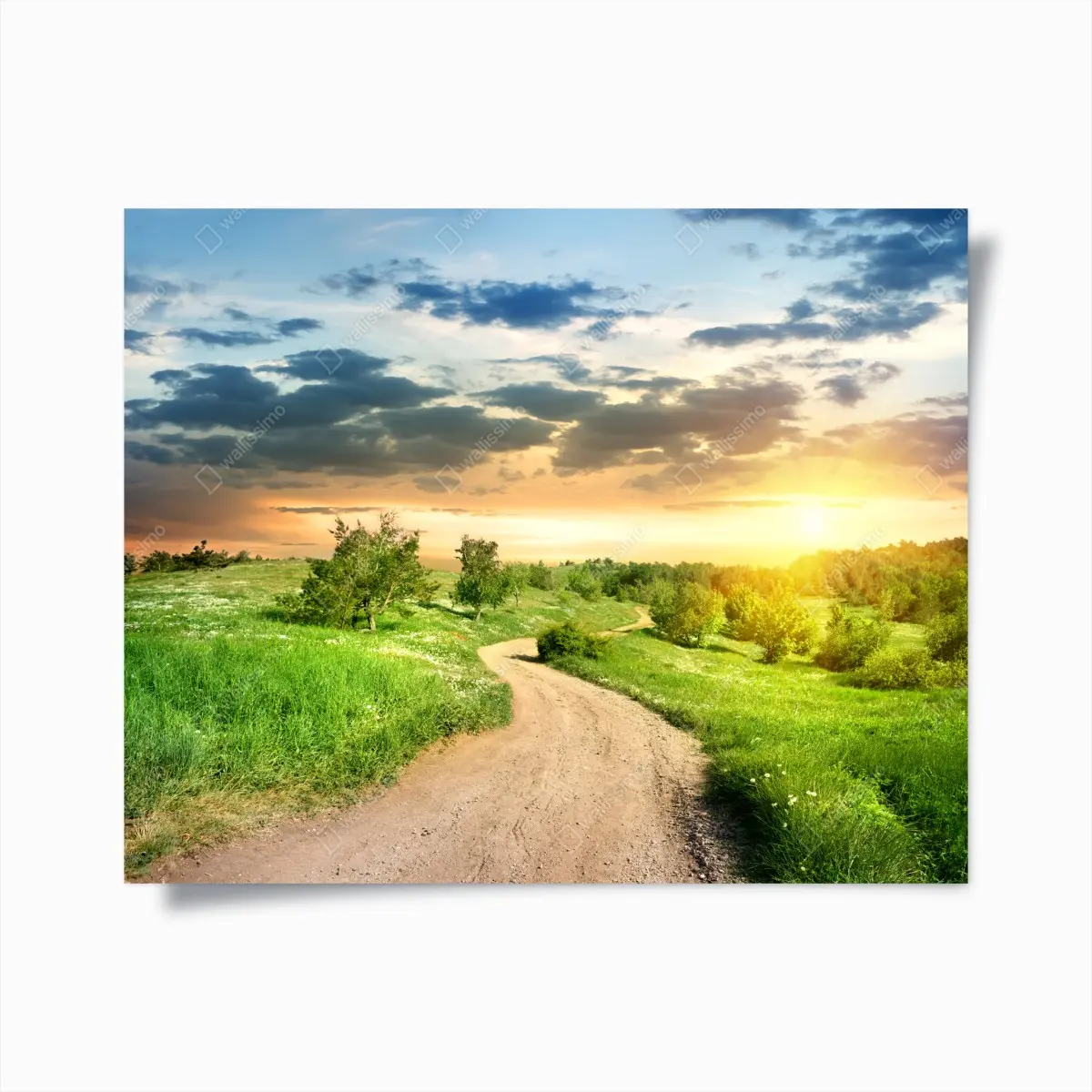 Poster sunset country road through green meadow • Wallissimo® Poster sunset country road through green meadow • Wallissimo®