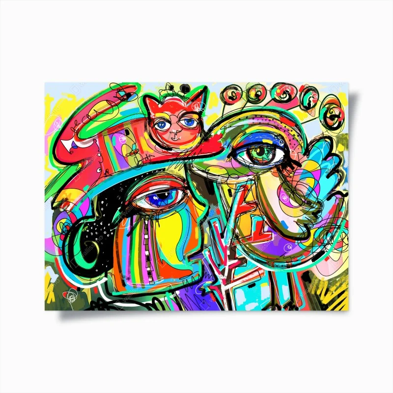 Poster vibrant abstract faces with cat and bird
